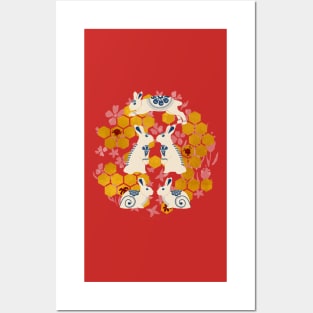 Year of the Rabbit | Porcelain Bunnies and Gold Honeycombs on Red Background Posters and Art